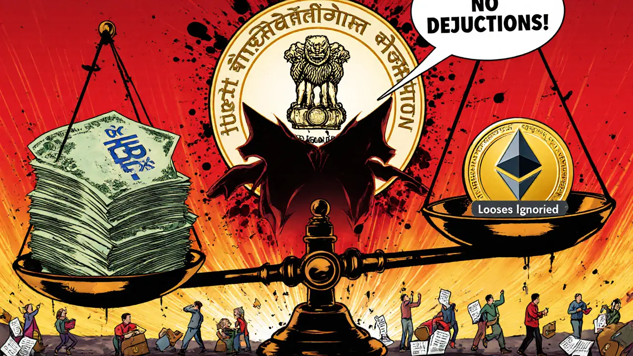 A giant tax scale tips under 30% tax vs. ignored losses, with a looming tax department logo.