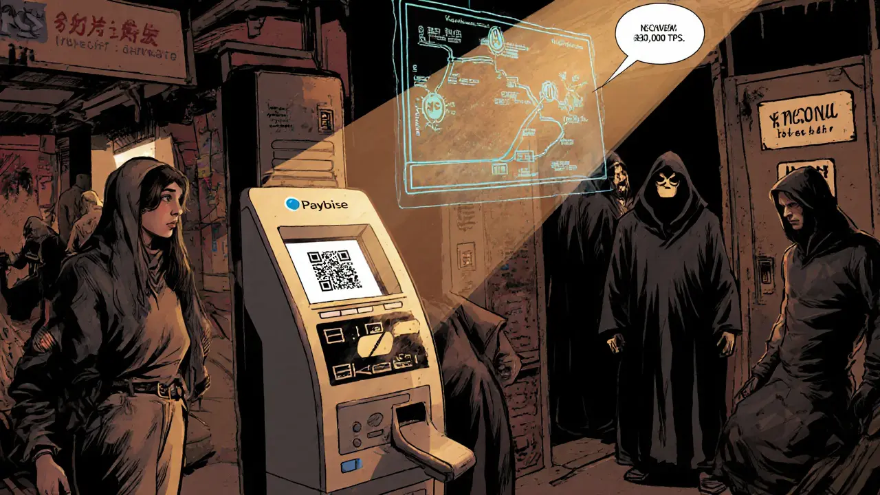 A market uses Paybrise QR codes for payments, while a hidden &#039;No Audit&#039; door looms in the background.