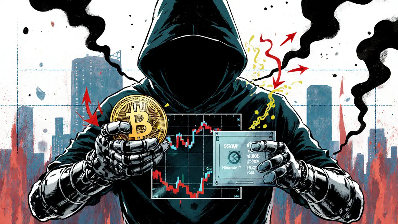 A mechanical bot executes a flash loan arbitrage, stealing USDC and trading ETH across exchanges with profit arrows exploding around it.