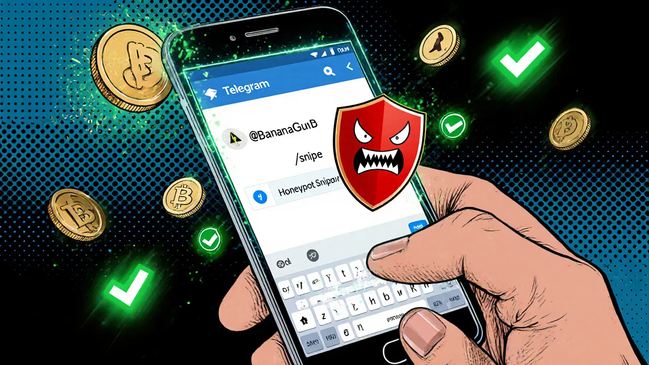 A smartphone shows a Telegram bot command with a shield blocking a rug-pull contract.
