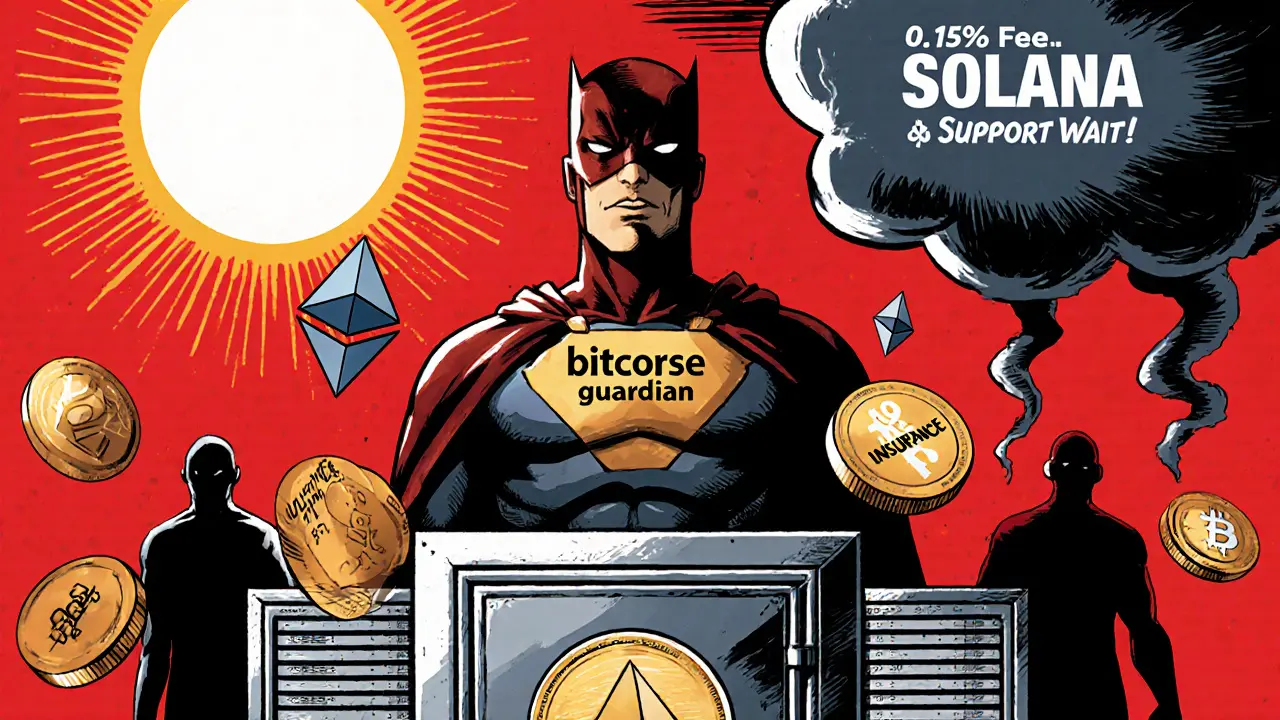 A superhero guarding a crypto vault with tokens floating around, shadowy threats below.