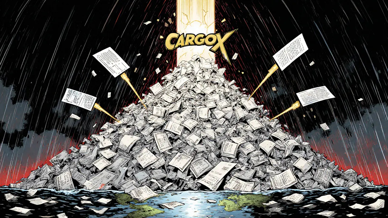 A towering mountain of paper documents being erased by glowing digital cargo beams at a busy port.