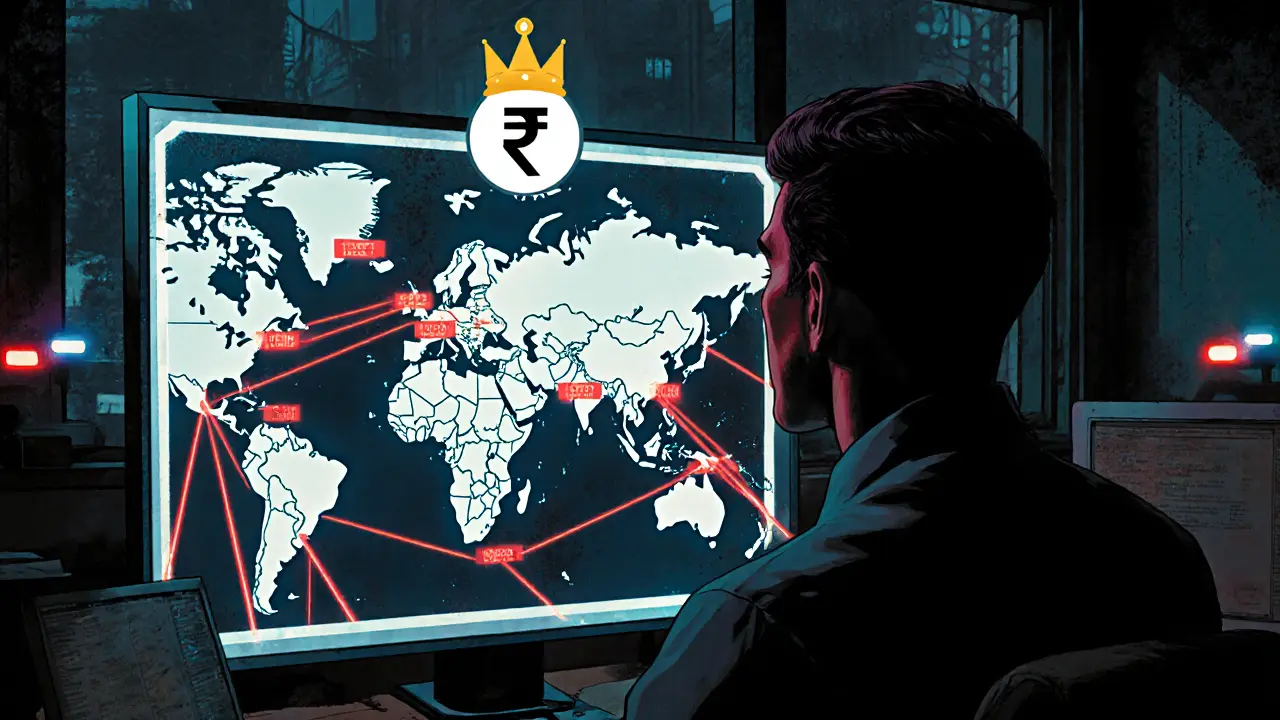 A trader watches a glowing blockchain map with all transactions traced to a central AI surveillance core.