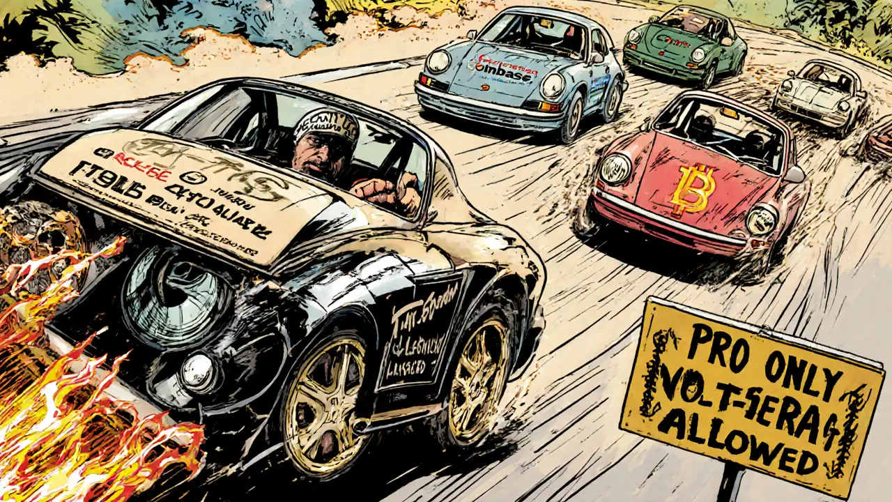 A vintage Porsche racing on a Bitcoin liquidity highway, leaving behind beginner crypto exchanges in traffic.