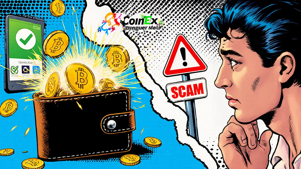 A wallet receives golden BNB reflections while warning signs show fake sites and high fees.