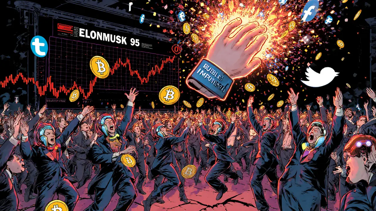 A wild crowd celebrates at 95 greed, throwing crypto coins amid social media explosions, with a warning crack beneath their feet.