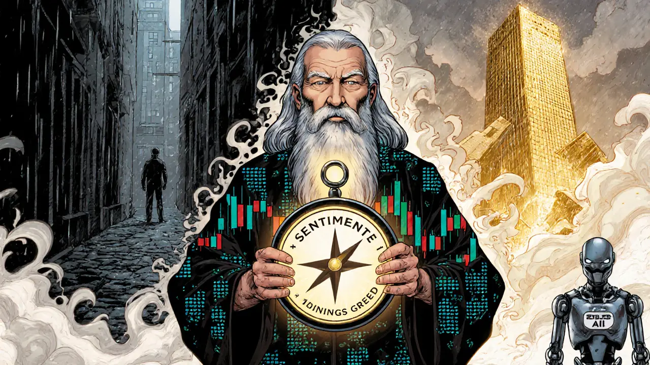 A wise financial sage holds a sentiment compass, flanked by scenes of fear and greed, amid swirling market chaos.