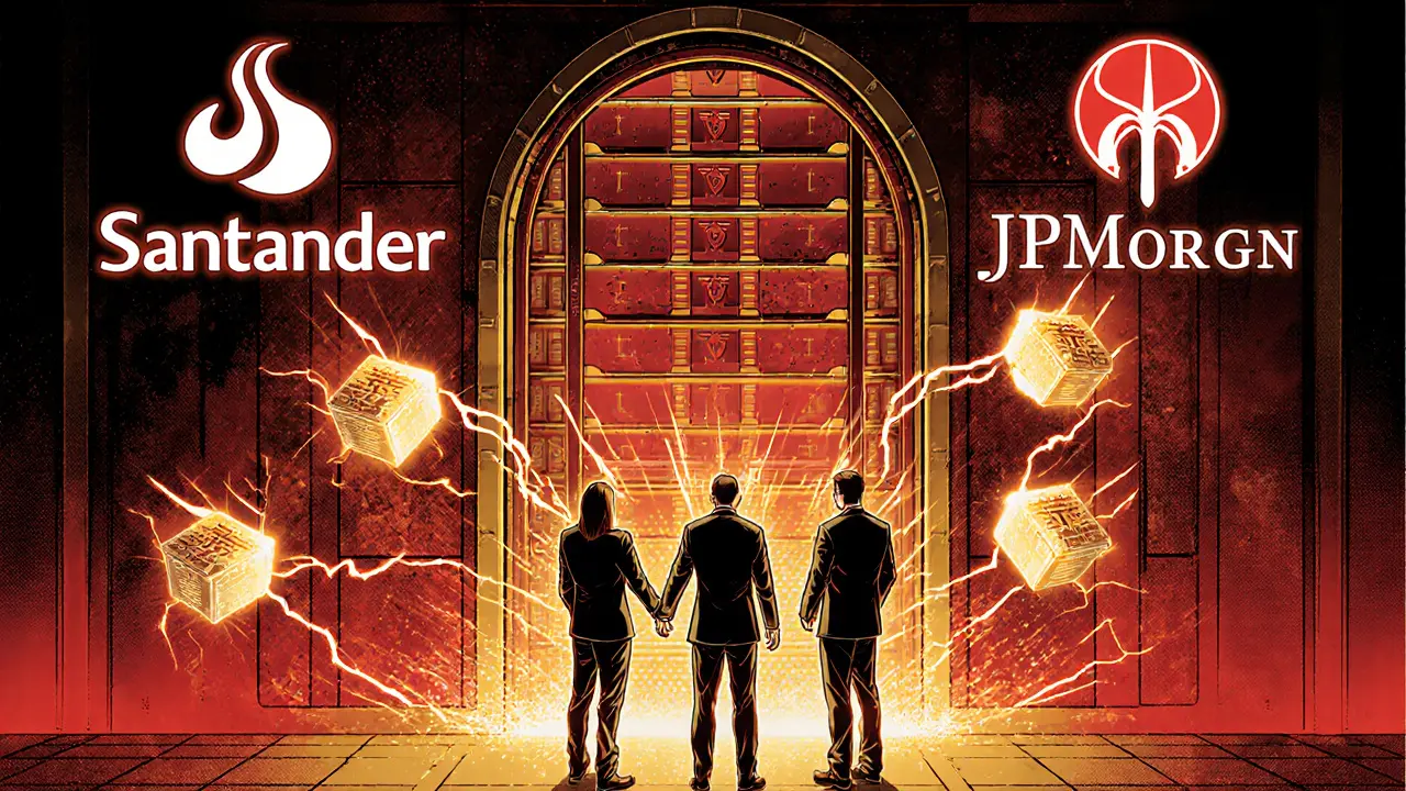 Bank blockchain hub with smart contracts zipping between global cities in superhero comic art.