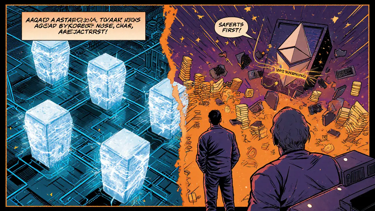 Blockchain network split during cyberattack: one side halted, the other flickering with reorg warnings.