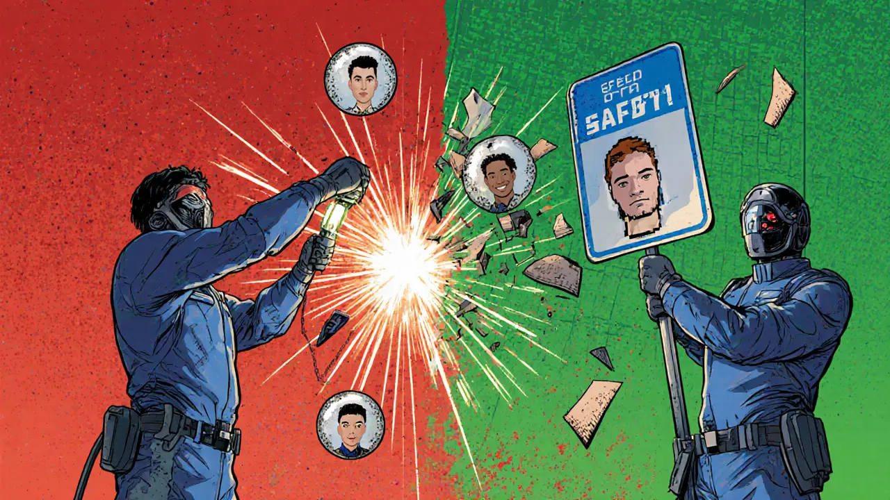 Compliance team upgrades system with AI orbs and government database cable, transforming chaos into order.