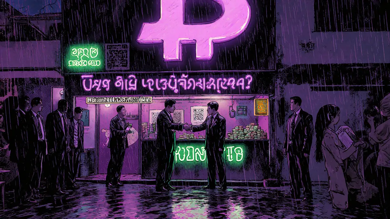 Crypto cafe in Sihanoukville where North Korean agents exchange digital assets for stacks of cash under neon lights.