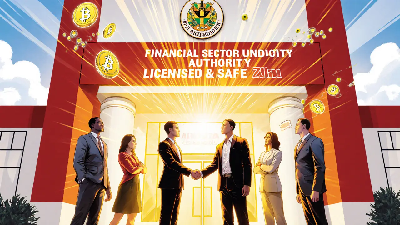 Crypto entrepreneurs and bank executive shaking hands under South African regulatory banner with blockchain coins orbiting.