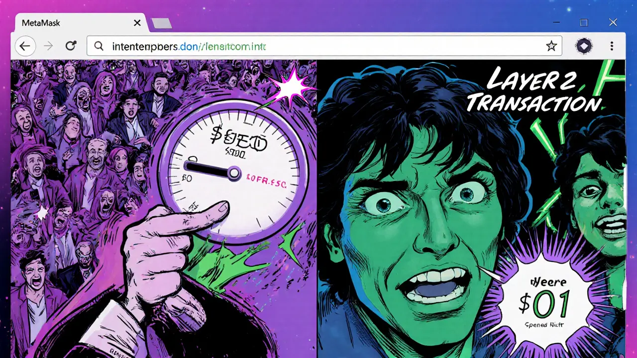 Crypto user adjusting gas slider with split view of high and low fee transactions.