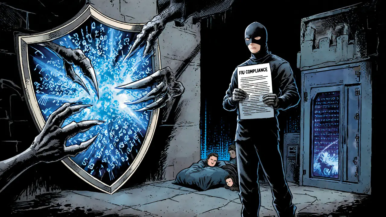 Digital fortress with encryption shield and FIU guardian protecting user funds in cold storage vaults.