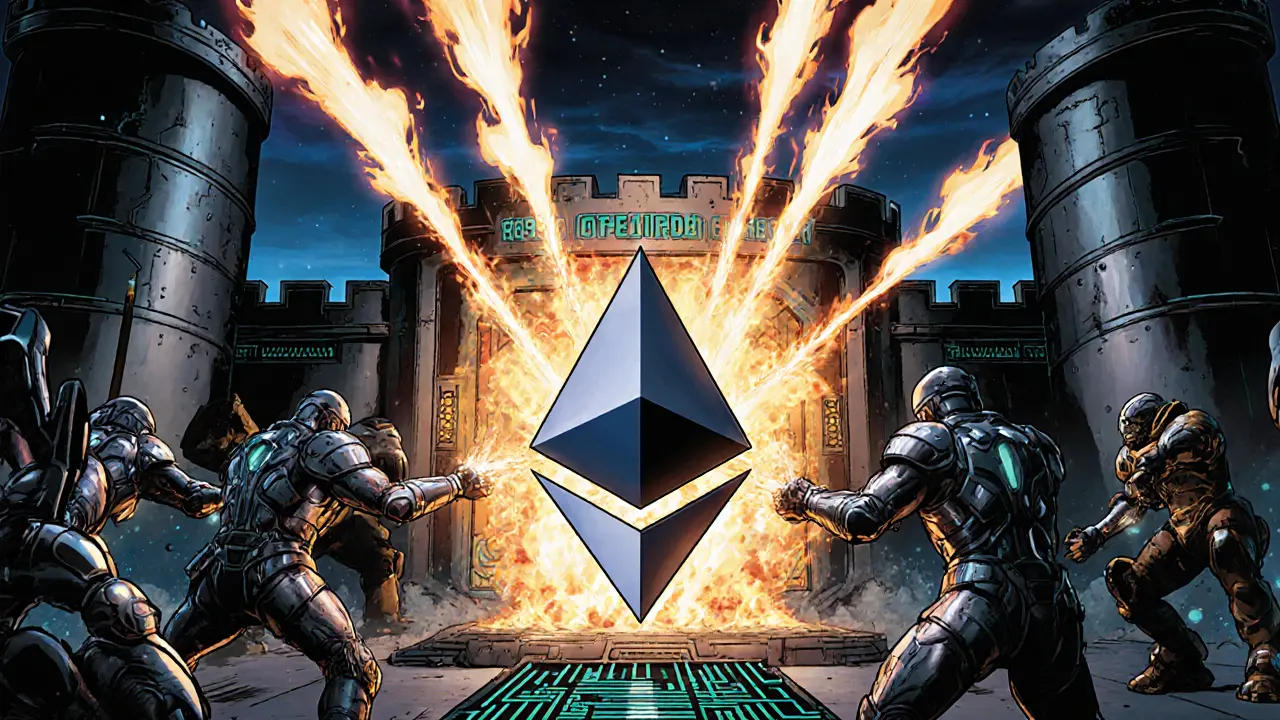 Ethereum fortress defended by validators against spam bots under glowing upgrade beams.