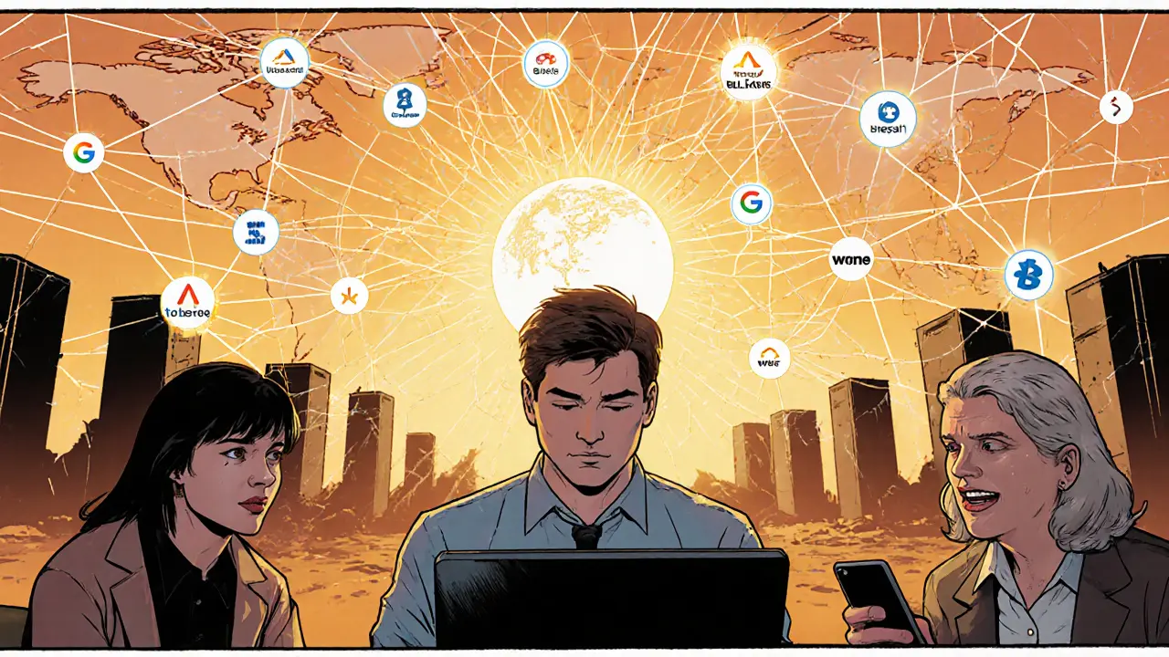 Everyday people contributing idle devices to a global network of BLESS tokens, with big cloud servers fading away.