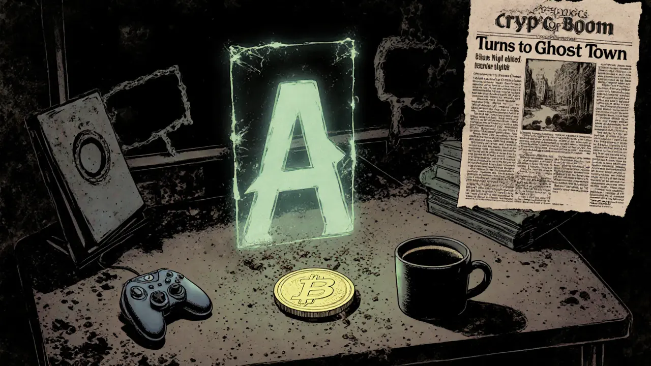 Faded AgeOfGods logo dissolving into dust with empty NFT frames and a lone token