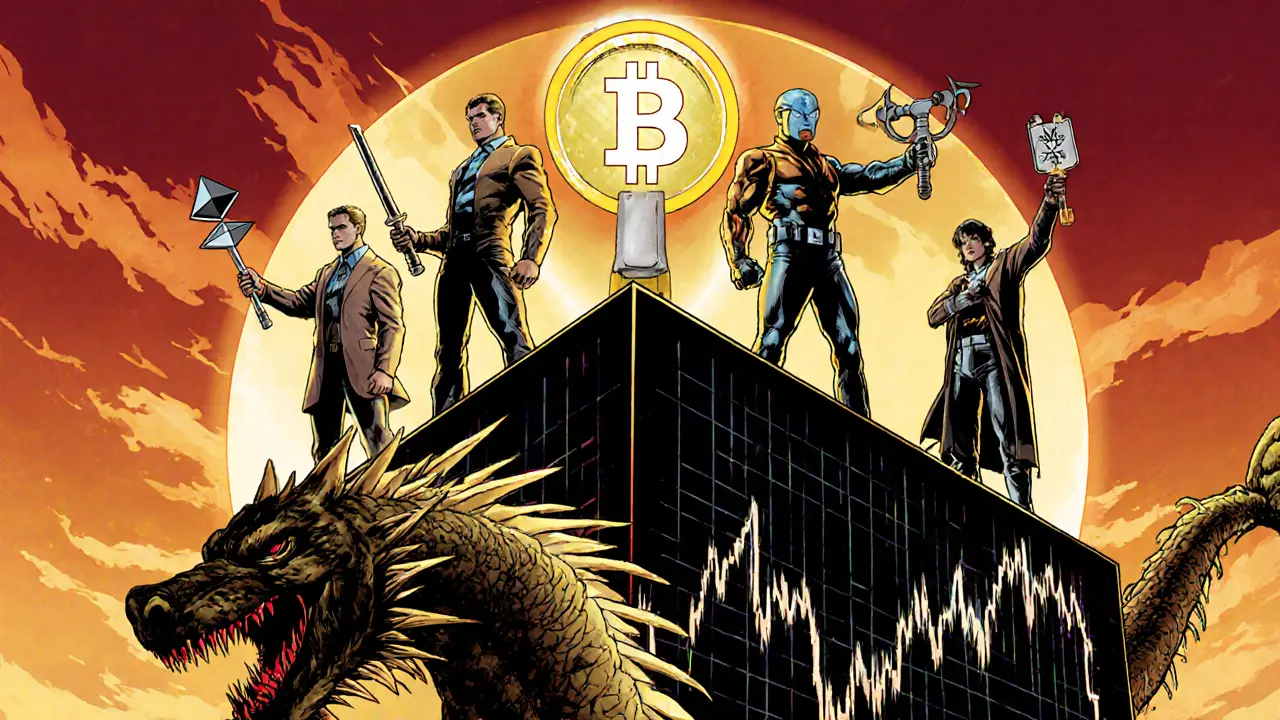 Four traders wield blockchain chains as weapons against a rug-pull dragon on a tower.