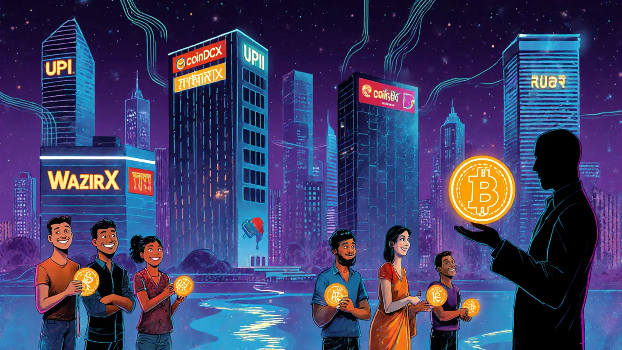 Futuristic Indian city with glowing crypto exchanges and UPI payments at night