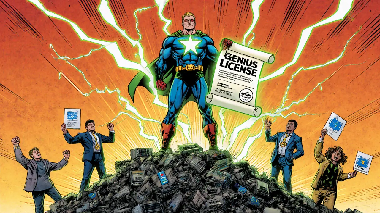 Heroic miner atop confiscated rigs holding GENIUS ACT scroll, diverse supporters below in comic book style.