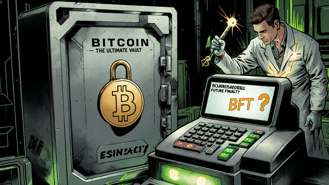 Hybrid blockchain vault and cash register merging Bitcoin security with future fast finality tech.