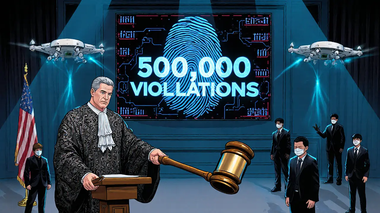 Judge with blockchain robe slams fingerprint gavel as digital violations flash above cowering executives.