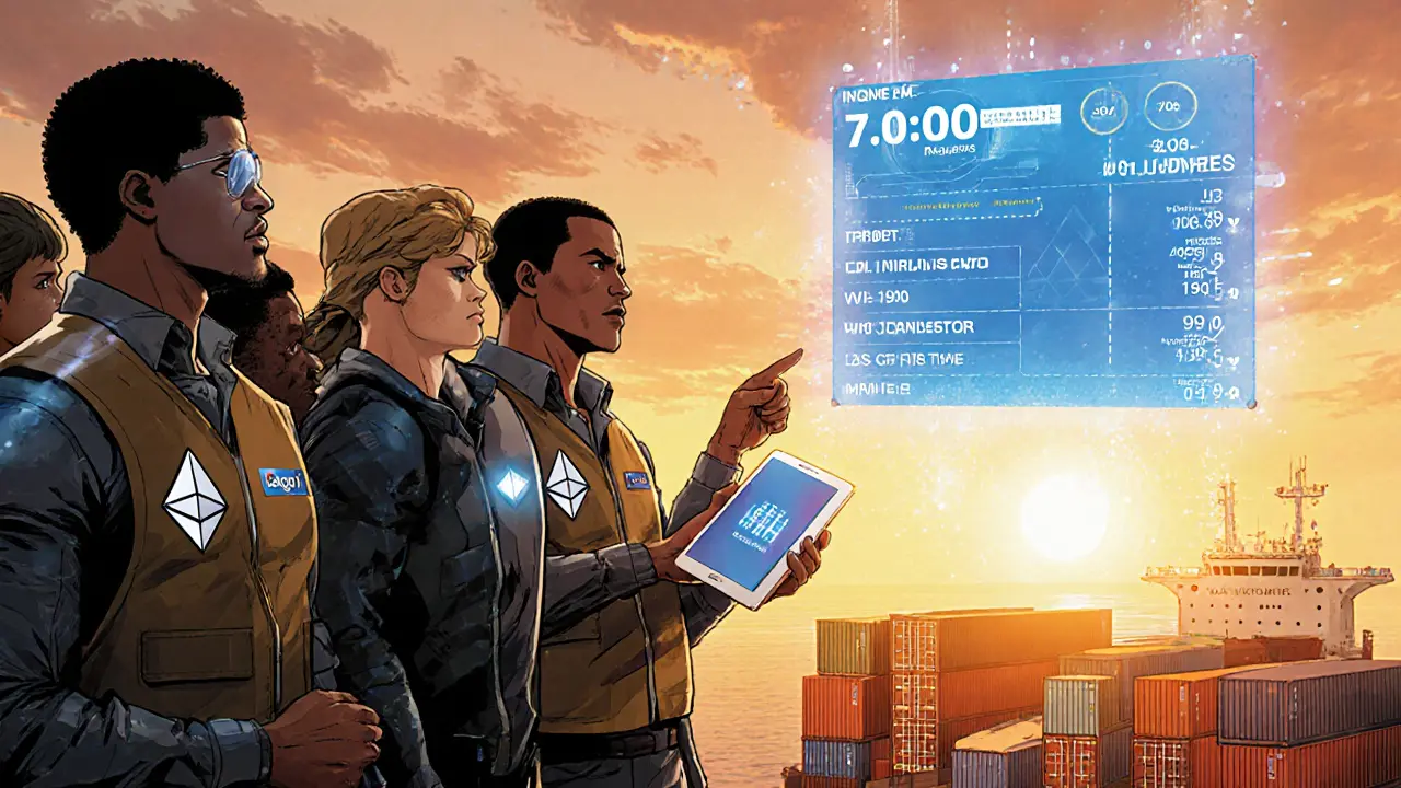 Logistics heroes standing on a ship as a holographic blockchain ledger displays global document transfers at sunrise.