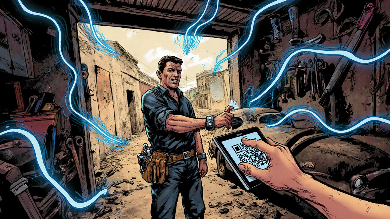 Mechanic in Cuba accepts Ethereum payment for car repairs using a digital wallet app.