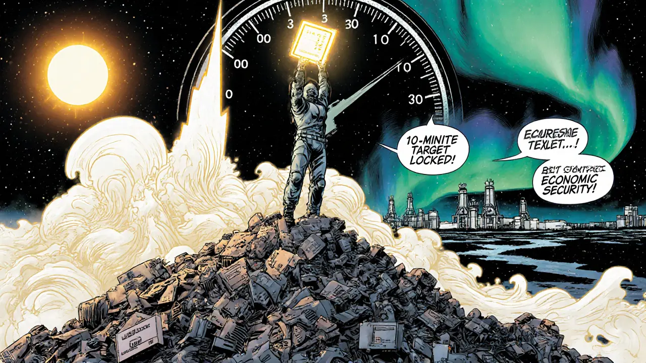 Miner holding a powerful ASIC chip atop a pile of old rigs, with difficulty meter spiking behind him.