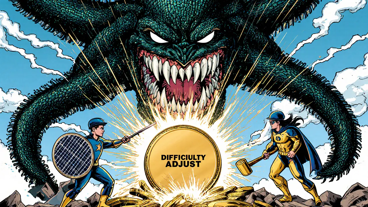 Miner superheroes activating a difficulty adjustment button to restore balance to the Bitcoin network.