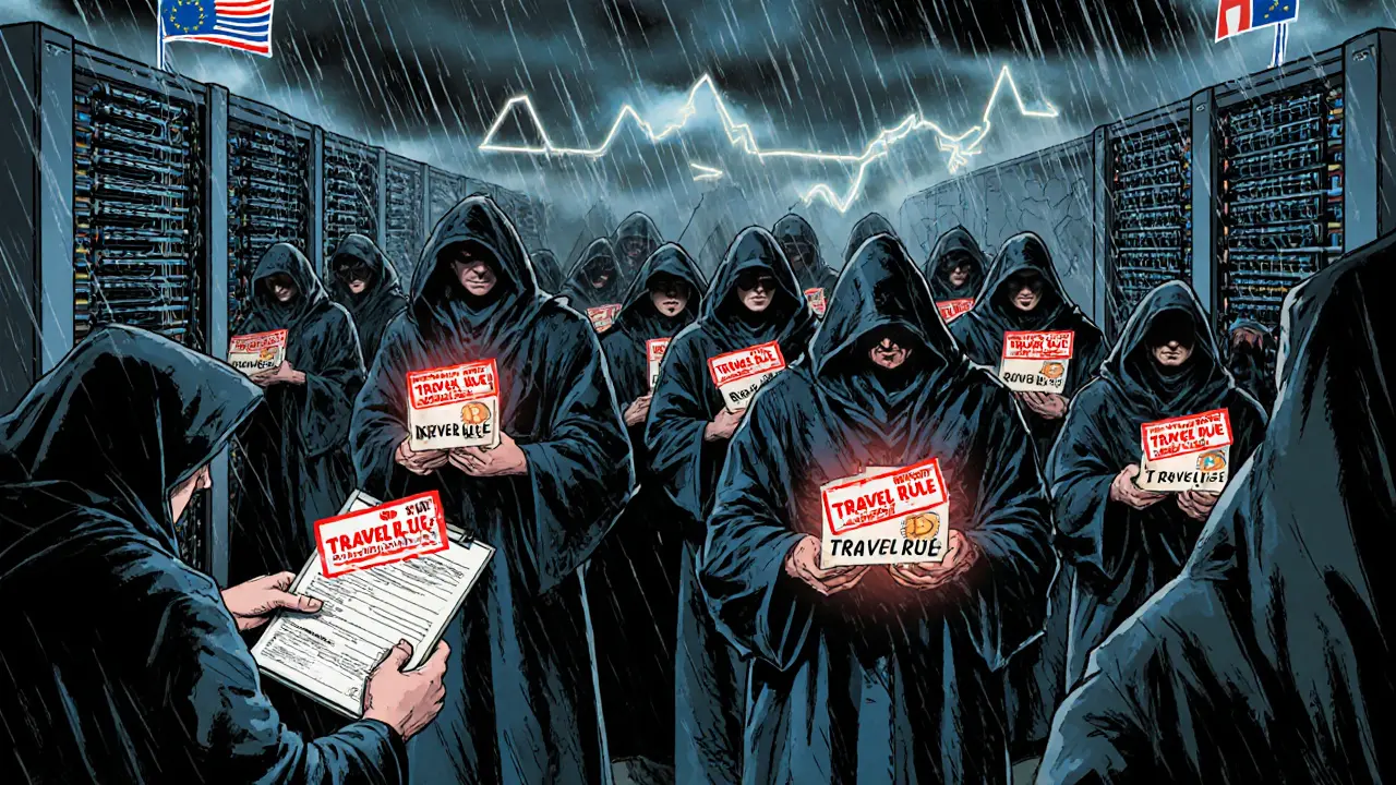 Mining pool payouts with Travel Rule stamps and KYC forms, glowing Bitcoin transactions under stormy skies.