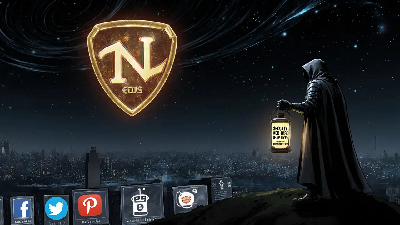 Newdex emblem as a glowing rune shield over an abandoned digital city, with a lone figure holding a &#039;Security Over Hype&#039; lantern in the night.