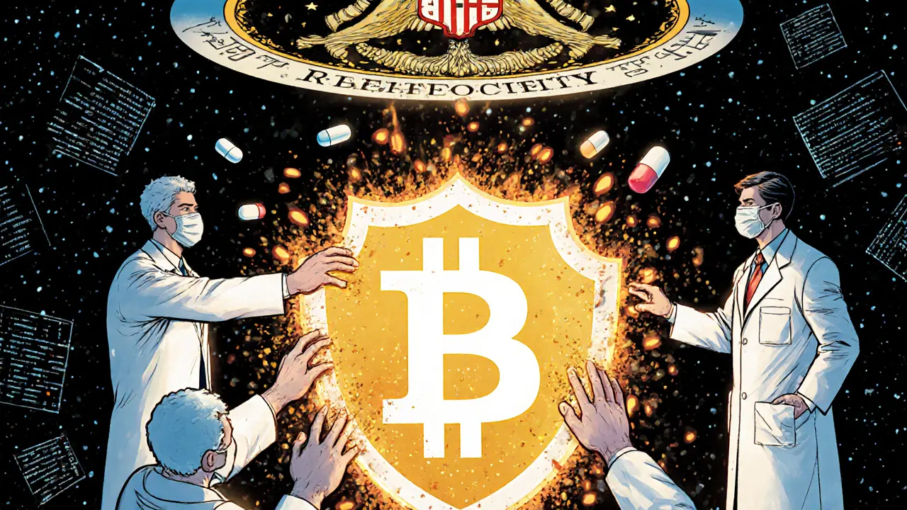 Patient’s medical record as a glowing blockchain shield with doctors and regulators accessing it securely.