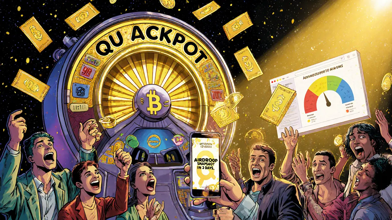 Quackpot lottery machine spins as tokens fall, holders celebrate upcoming airdrop.