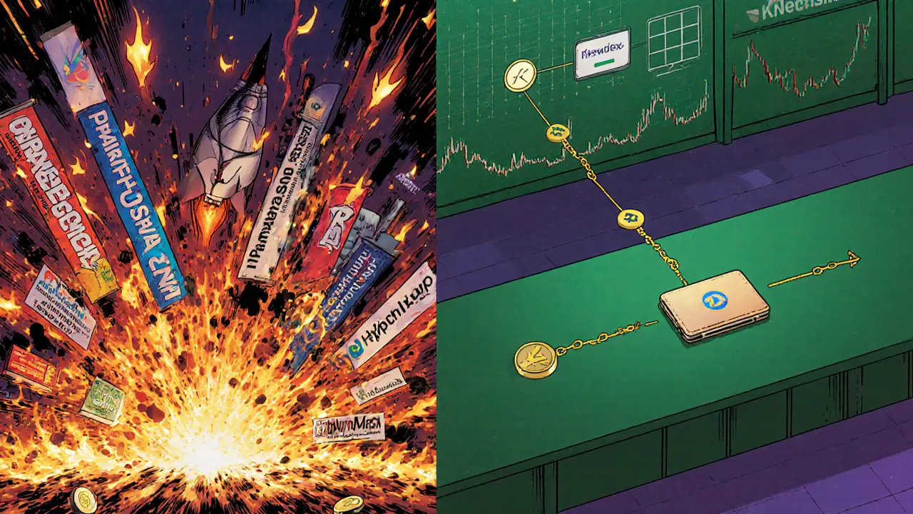 Split comic panel: chaotic DeFi rewards on one side, quiet Newdex trading on the other with smart contract chains linking liquidity pools.