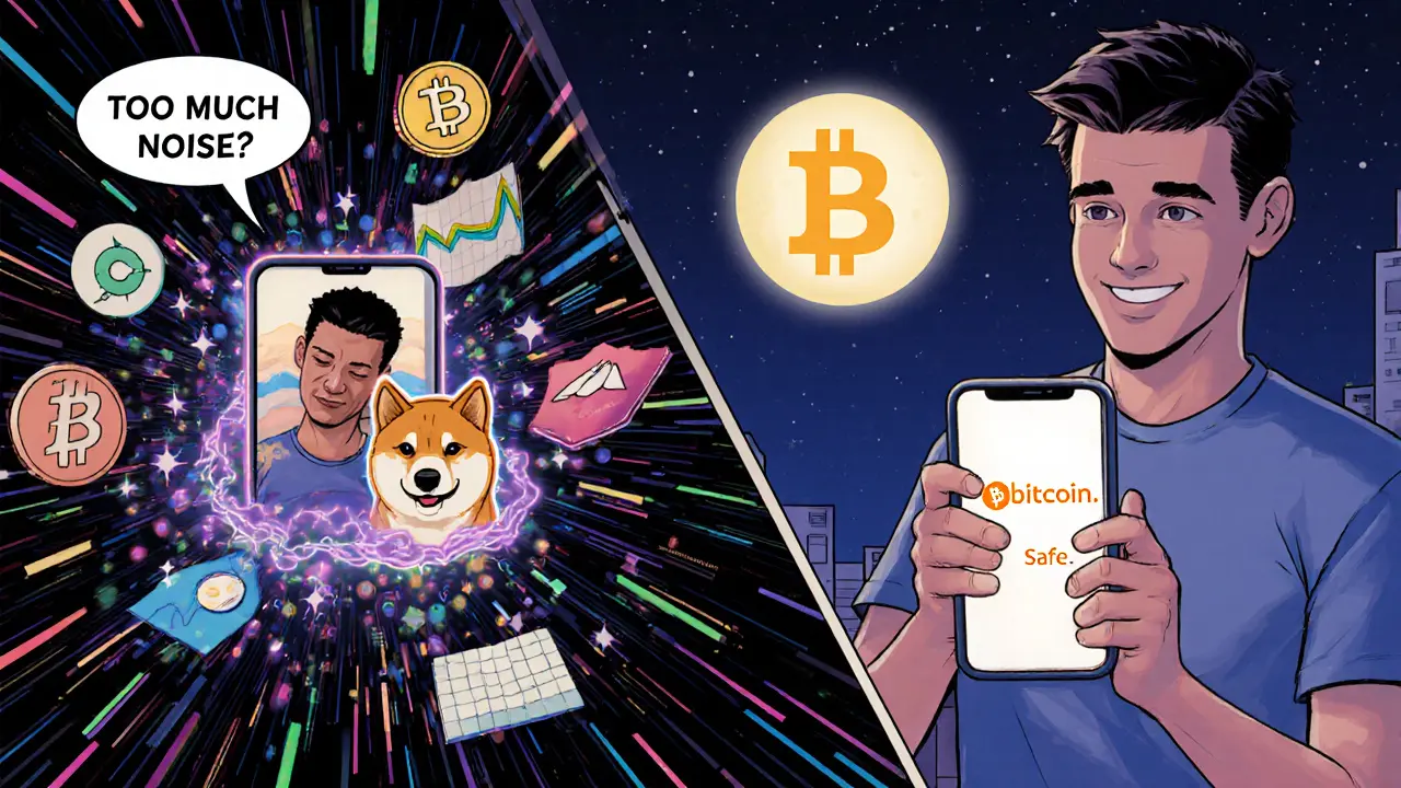 Split panel: chaotic altcoin trading vs. calm Bitcoin holding on Unocoin, symbolizing simplicity and safety.