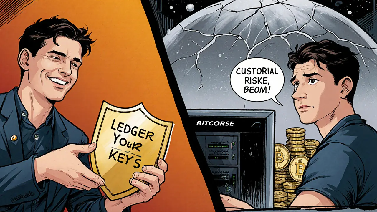 Split scene: user moving crypto to a hardware wallet vs. leaving it on an exchange.