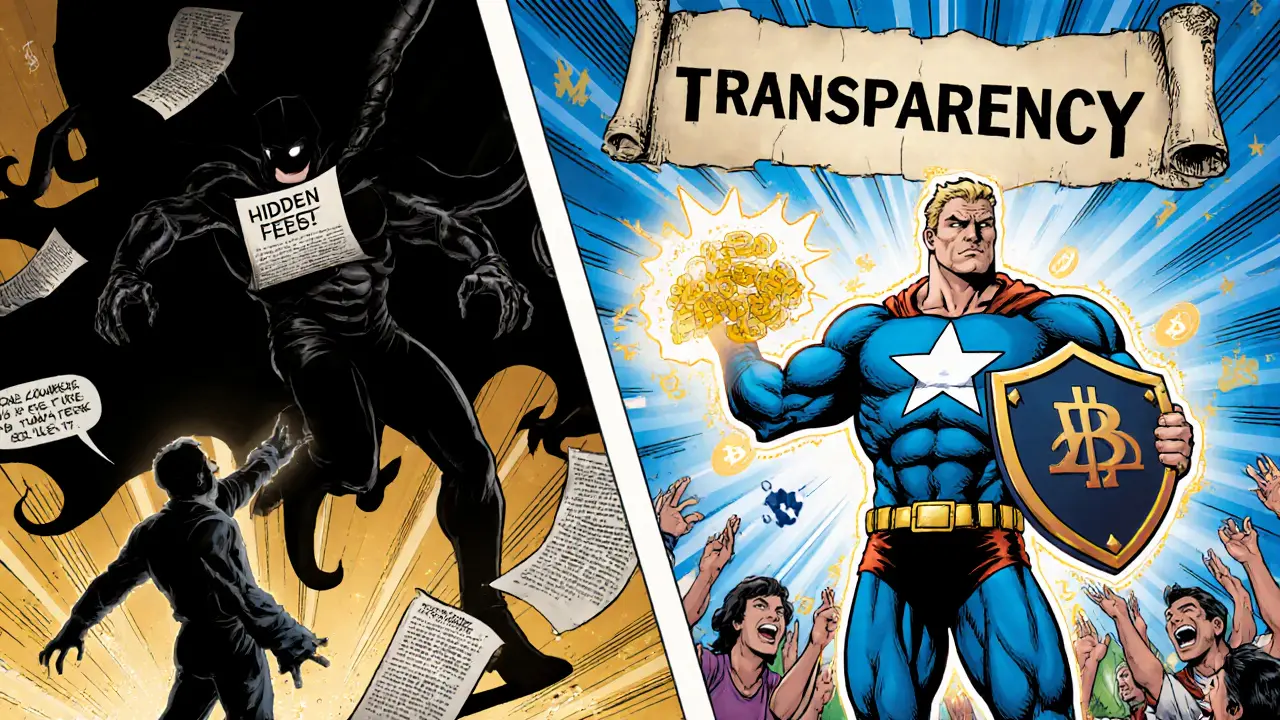 Superhero defeats &#039;Hidden Fees&#039; villain with transparency shield as users celebrate.