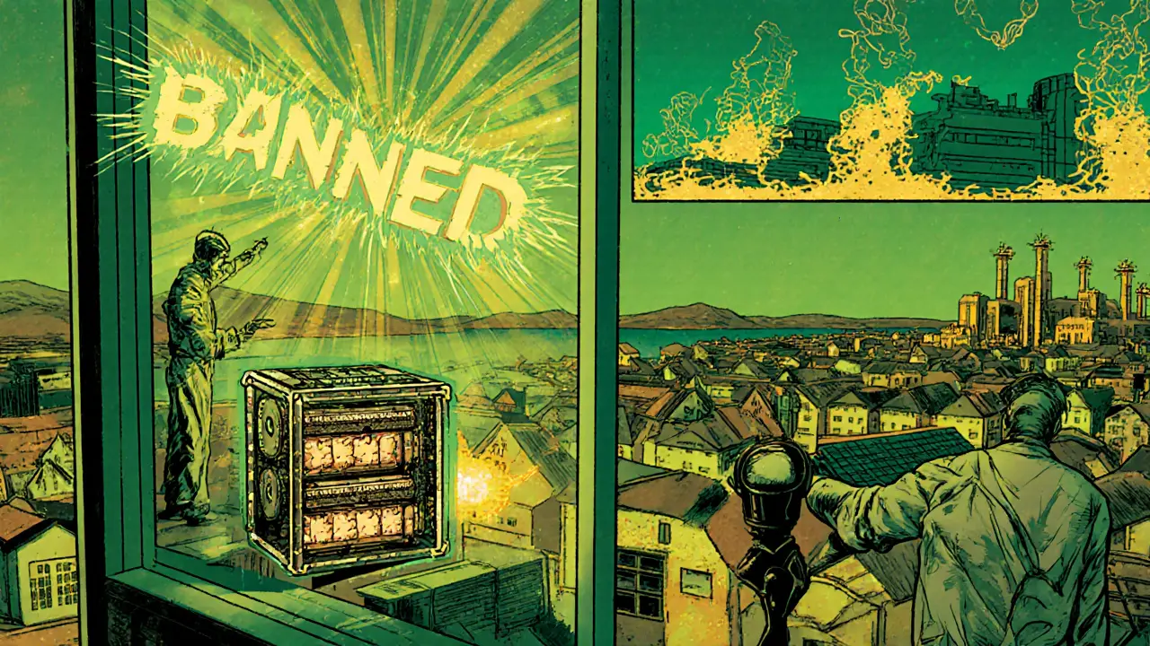 Sustainable Norwegian city with small home miner vs. banned mega-mines under green energy sky.