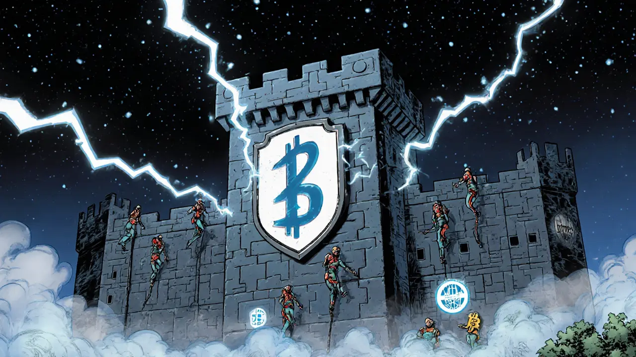 The BitMEX fortress shielded from U.S. regulatory lightning, guarded by global traders and blockchain symbols.