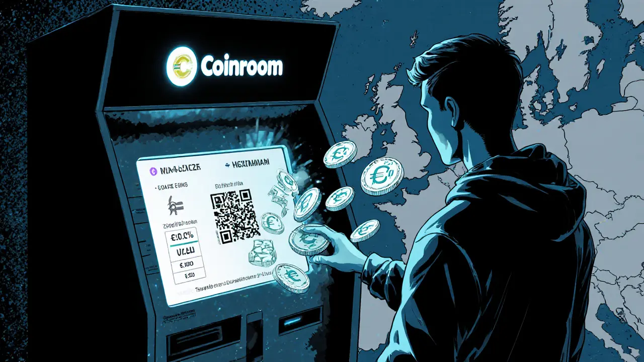 User scans QR code at glowing ATM as crypto turns into euros with transparent fee labels.
