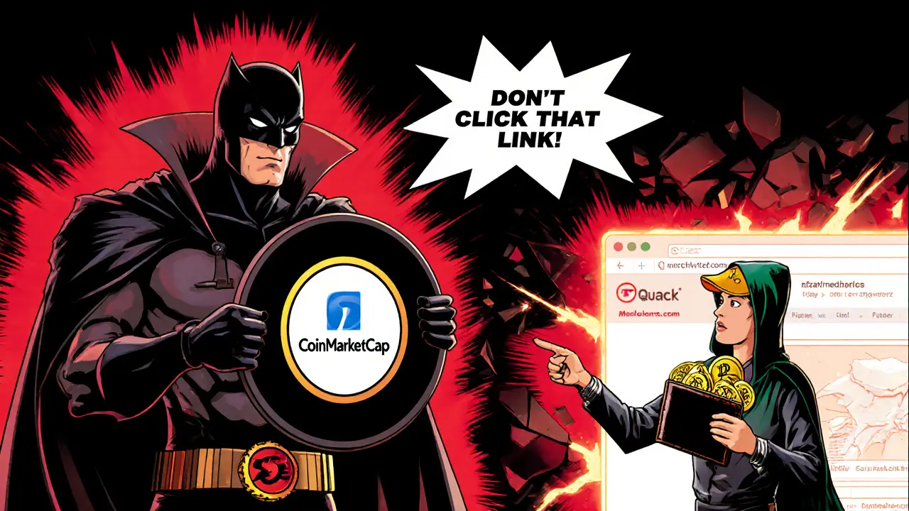 Villain tries to scam investor with fake CMC logo, hero points to official site.