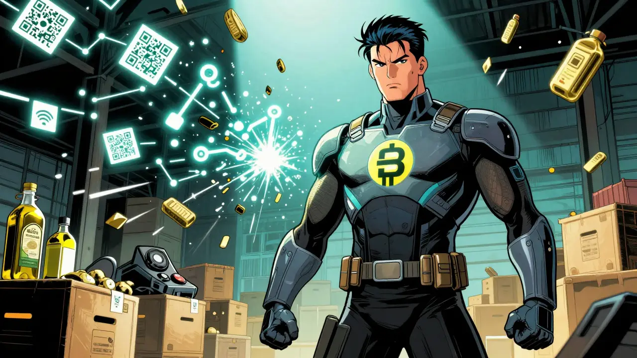 A blockchain superhero stands in a warehouse as counterfeit goods disintegrate into digital code.