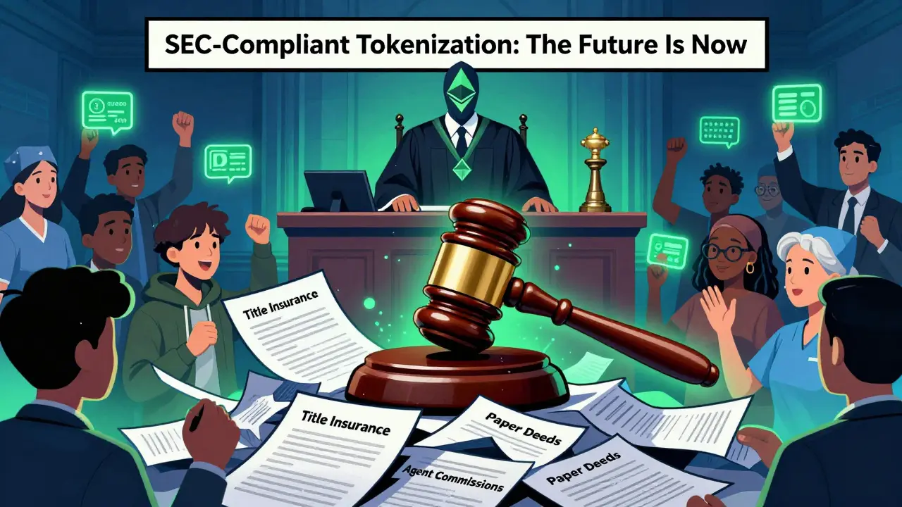 A courtroom where blockchain code replaces legal paperwork as investors celebrate automated rental income.