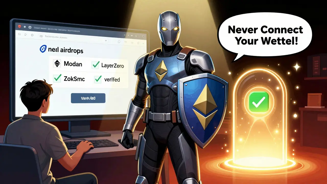 A crypto hero blocking a scam site and revealing real airdrops like Monad and zkSync.