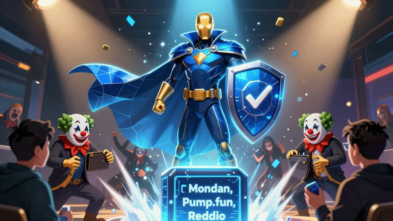 A crypto hero defends users from scams atop a blockchain tower with verified projects.