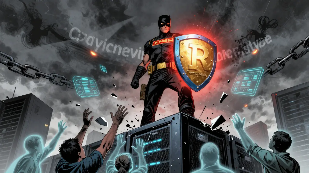 A Crypto Justice superhero shatters digital chains as ghostly users reach up from a broken server farm.