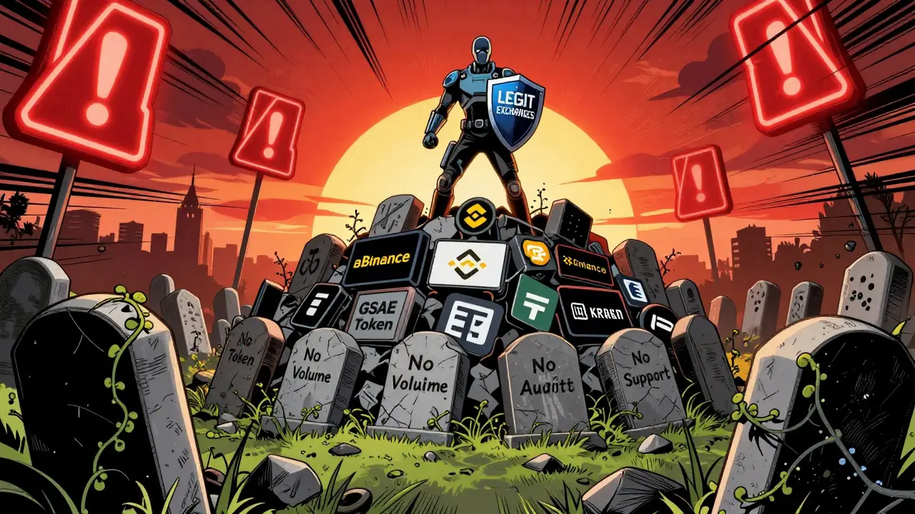A digital graveyard of dead crypto projects towers over a hero standing on verified exchanges under a warning sky.