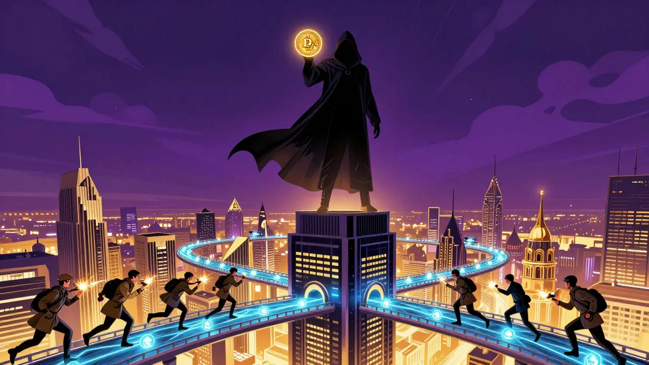 A figure in Dubai holds a DAI token as crypto transactions flow from sanctioned countries through glowing blockchain bridges.