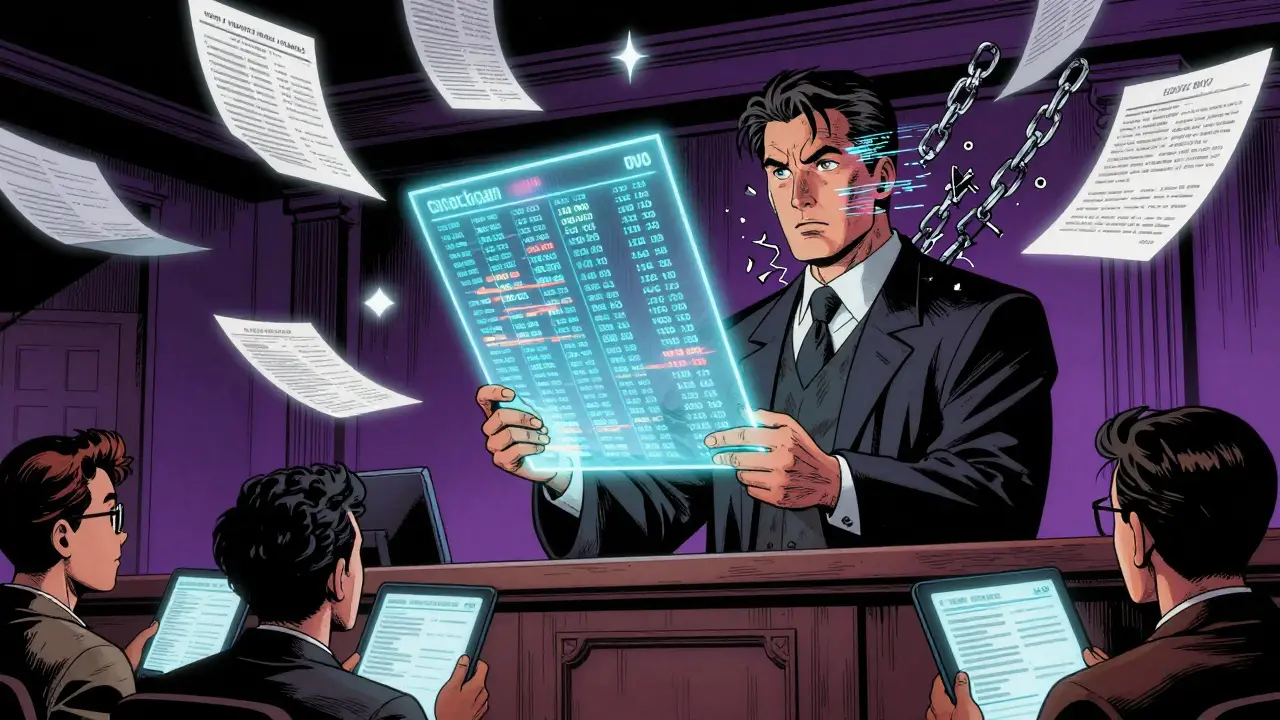 A judge projects a blockchain ledger in court as a corrupt official’s identity glitches and fails.